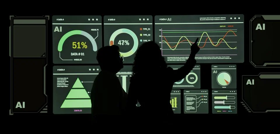 AI Using. Silhouetted analysts interact with a large AI data display. Stock Photos