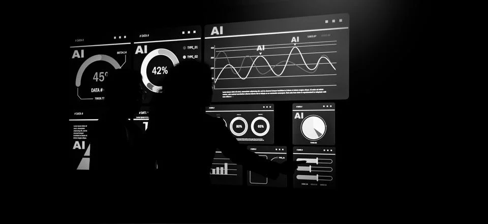 AI Using. Silhouetted analysts interact with a large AI data display. Stock Photos