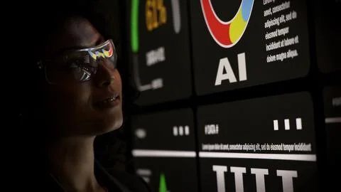 AI Using. Silhouetted analysts interact with a large AI data display. Stock Photos