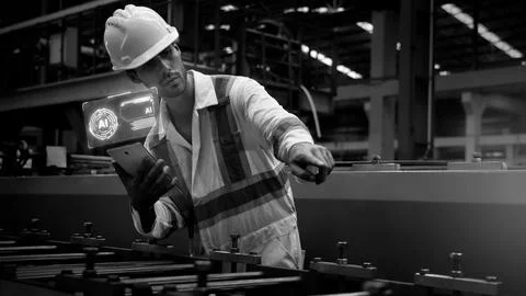 Ai using. Workers use AI technology to inspect industrial machinery. Stockfoto's