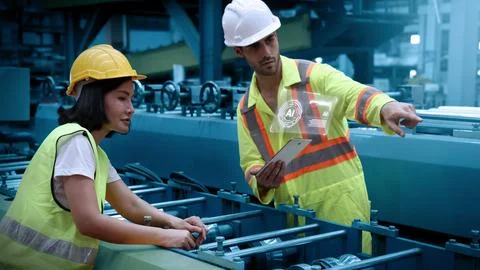 Ai using. Workers use AI technology to inspect industrial machinery. Stock Photos