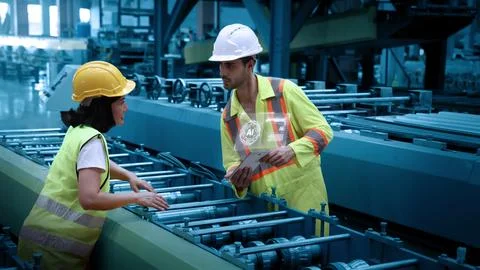 Ai using. Workers use AI technology to inspect industrial machinery. Stock Photos