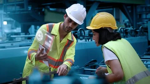 Ai using. Workers use AI technology to inspect industrial machinery. Stock Photos