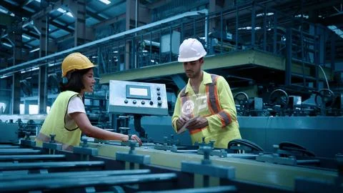 Ai using. Workers use AI technology to inspect industrial machinery. Stock Photos