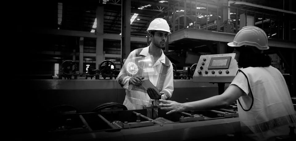 Ai using. Workers use AI technology to inspect industrial machinery. Stock Photos