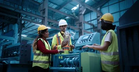 Ai using. Workers use AI technology to inspect industrial machinery. 库存照片