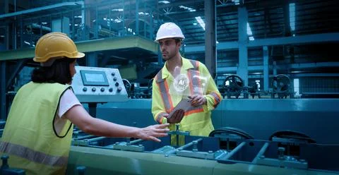 Ai using. Workers use AI technology to inspect industrial machinery. Stock Photos