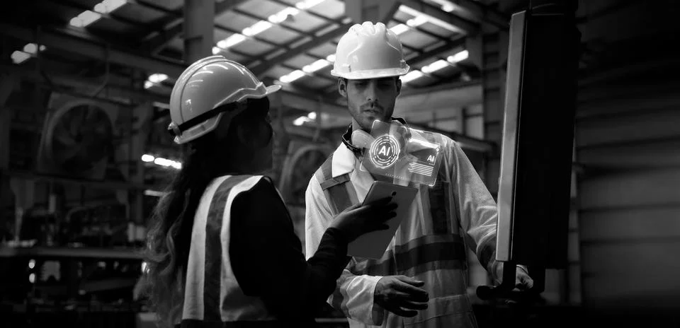 Ai using. Workers use AI technology to inspect industrial machinery. Фото