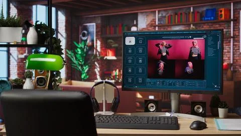 AI virtual assistant on computer screen outputting high resolution photos Stock Photos
