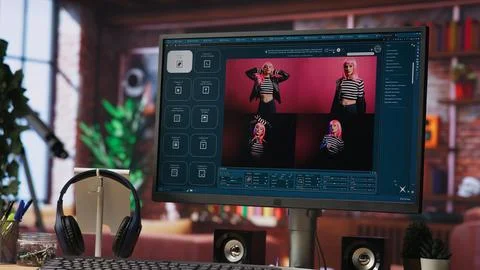 AI virtual assistant on computer screen outputting high resolution photos 写真素材