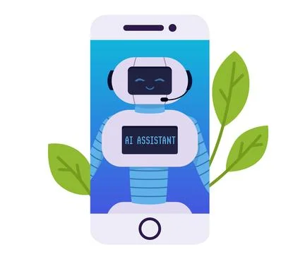 AI virtual assistant robot on smartphone app screen. Ilustração Stock