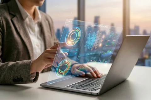 AI Virtual Data Analytics Interface on Laptop Ilustración de archivo