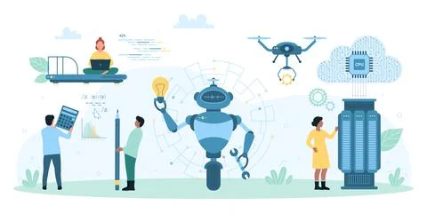AI virtual support center, robot holding lightbulb and drone assistant with gear Illustration