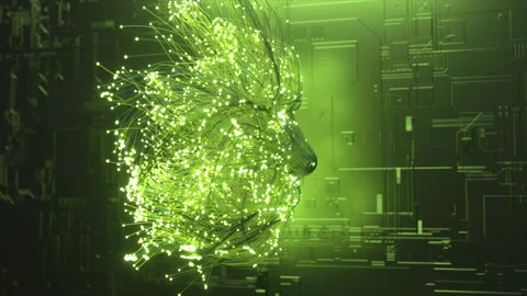 AI visualization concept. Bright green neon particles explode and create a Stock Footage 247577563