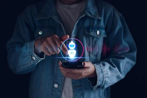 AI voice command concept. AI, Artificial Intelligence. man using technology s Stock Photos