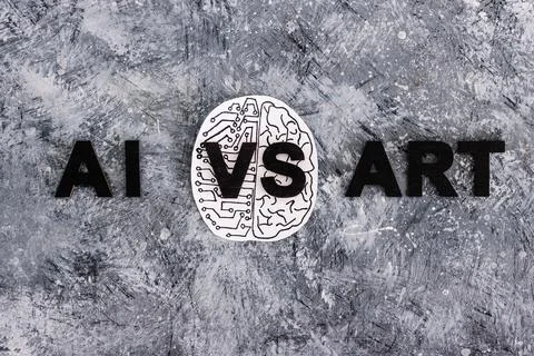 AI vs Art text with half human half robot brain, Artificial Intelligence cr.. Stock Photos