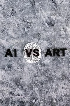AI vs Art text with half human half robot brain, Artificial Intelligence cr.. Stock Photos