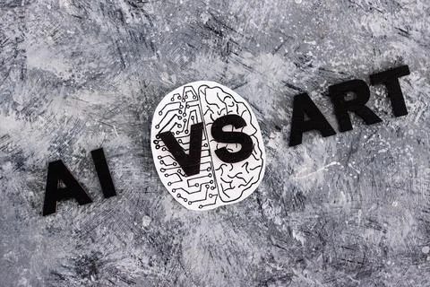 AI vs Art text with half human half robot brain, Artificial Intelligence cr.. Stock Photos