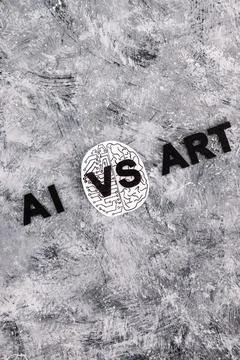 AI vs Art text with half human half robot brain, Artificial Intelligence cr.. Stock Photos