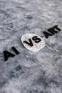 AI vs Art text with half human half robot brain, Artificial Intelligence cr.. Stock Photos