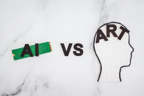 AI vs Art text with  microchip and head icon, Artificial Intelligence creat.. Stock Photos