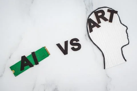 AI vs Art text with  microchip and head icon, Artificial Intelligence creat.. Stock Photos