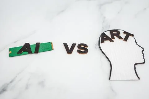 AI vs Art text with  microchip and head icon, Artificial Intelligence creat.. Stock Photos