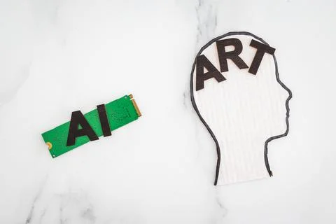 AI vs Art text with  microchip and head icon, Artificial Intelligence creat.. Stock Photos