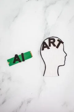 AI vs Art text with  microchip and head icon, Artificial Intelligence creat.. Stock Photos