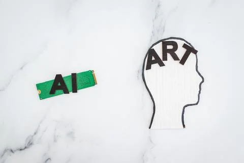 AI vs Art text with  microchip and head icon, Artificial Intelligence creat.. Stock Photos