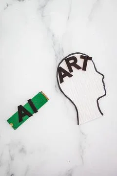 AI vs Art text with  microchip and head icon, Artificial Intelligence creat.. Stock Photos
