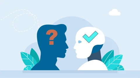 AI vs human in thinking work process. AI vs human mind, question, check mark tab Stock Footage 313878725