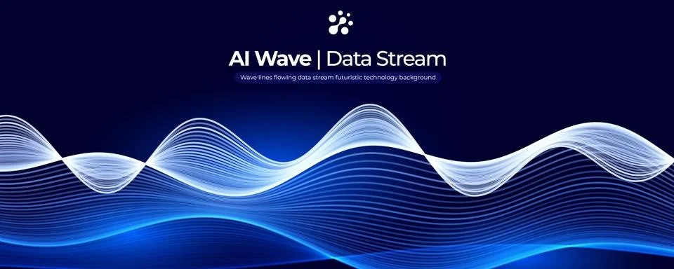 AI Wave Data Stream Digital Wavy Line Flow. Blend Linear Connection, Blue Light Illustrazione stock