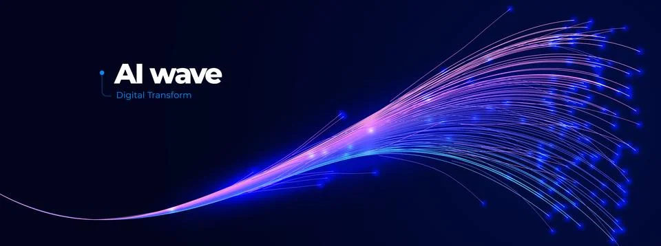 AI Wave Digital Data Network Flow, Blue Wavy Lines Information Stream Stockillustratie