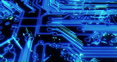 AI web network, a tech circuit board entwined with an NFT database. Empowering Stock Footage 260605178