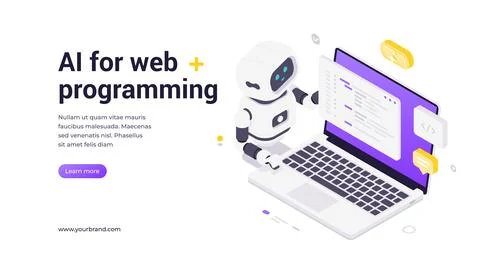 AI For Web Programming Modern Isometric Banner Template With Robot And Laptop Stock Illustration
