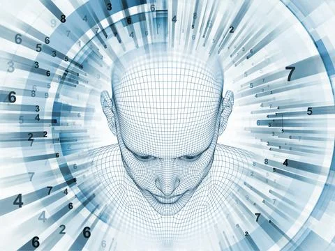 AI Wireframe Head with Digital Data Numbers and Light Rays Stock Illustration