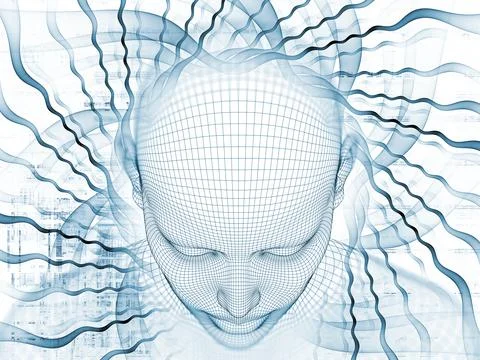 AI Wireframe Head with Neural Network Waves 스톡 일러스트
