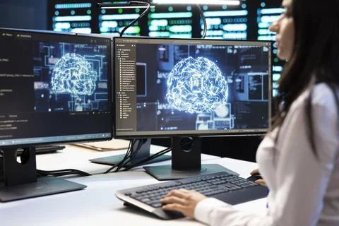 AI, woman and programming at data center with brain visualization Stock Photos