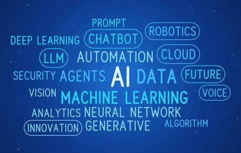 AI word cloud with machine learning, chatbot, automation, neural network, Stock Illustration