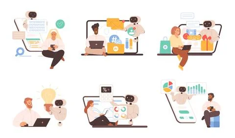 AI Work Assistant Bots in Modern Office Stock-Illustration