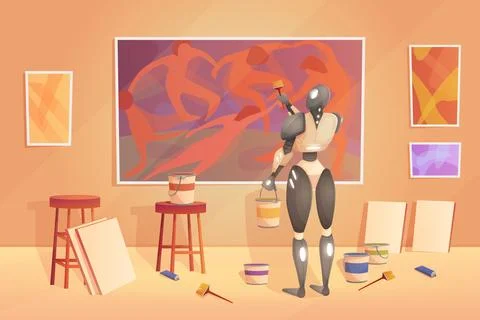 AI work on drawing digital image, robot artist holding bucket of paint and brush Stock Illustration