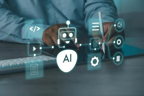 AI workflow automation and chatbot integration concept showing interacting .. Stock Photos