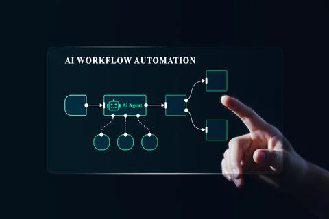 AI workflow automation interface with digital agent system and hand interac.. Stock Photos