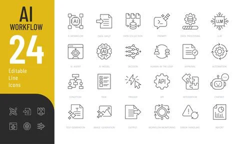 AI Workflow Editable Line Icons Set. 스톡 일러스트