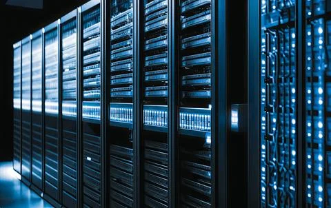 AI Working Data Center With Rows of Rack Servers. Emergency Led Lights Blin.. Stock Illustration