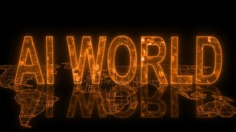 AI world text technology earth map orange glow Illustrazione stock