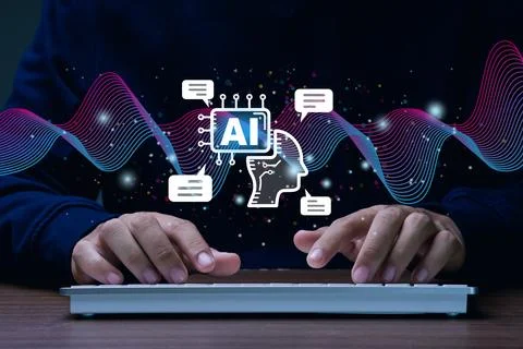 AI,Artificial Intelligence.Man using computer to chat with AI for access to.. Stock Photos