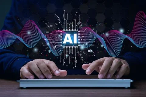 AI,Artificial Intelligence.Man using computer to chat with AI for access to.. 스톡 사진