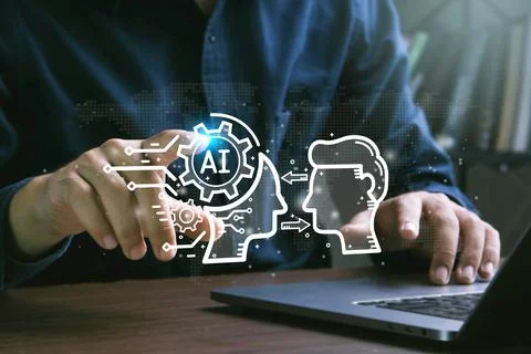 AI,Artificial Intelligence.Man using laptop to chat with AI for access to i.. Stock Photos